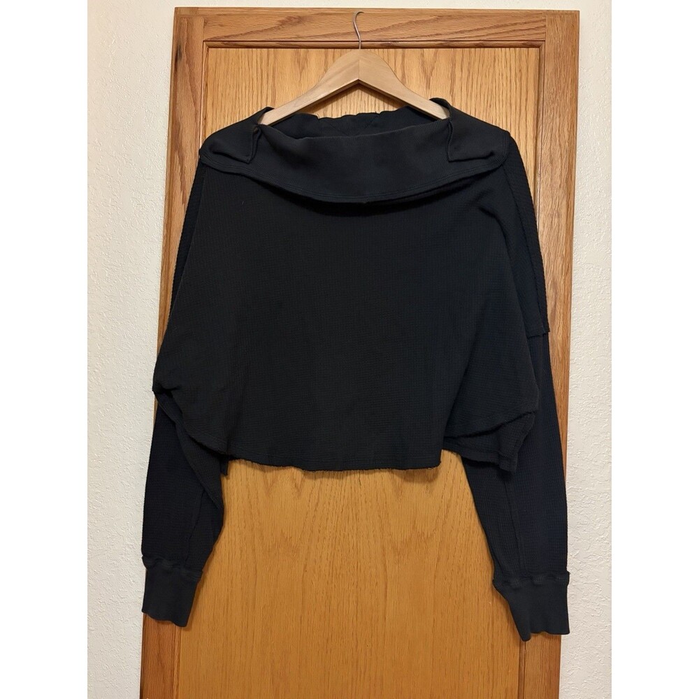Free People Close To You Waffle Knit Top Black Thermal Slouchy Oversized Size XS